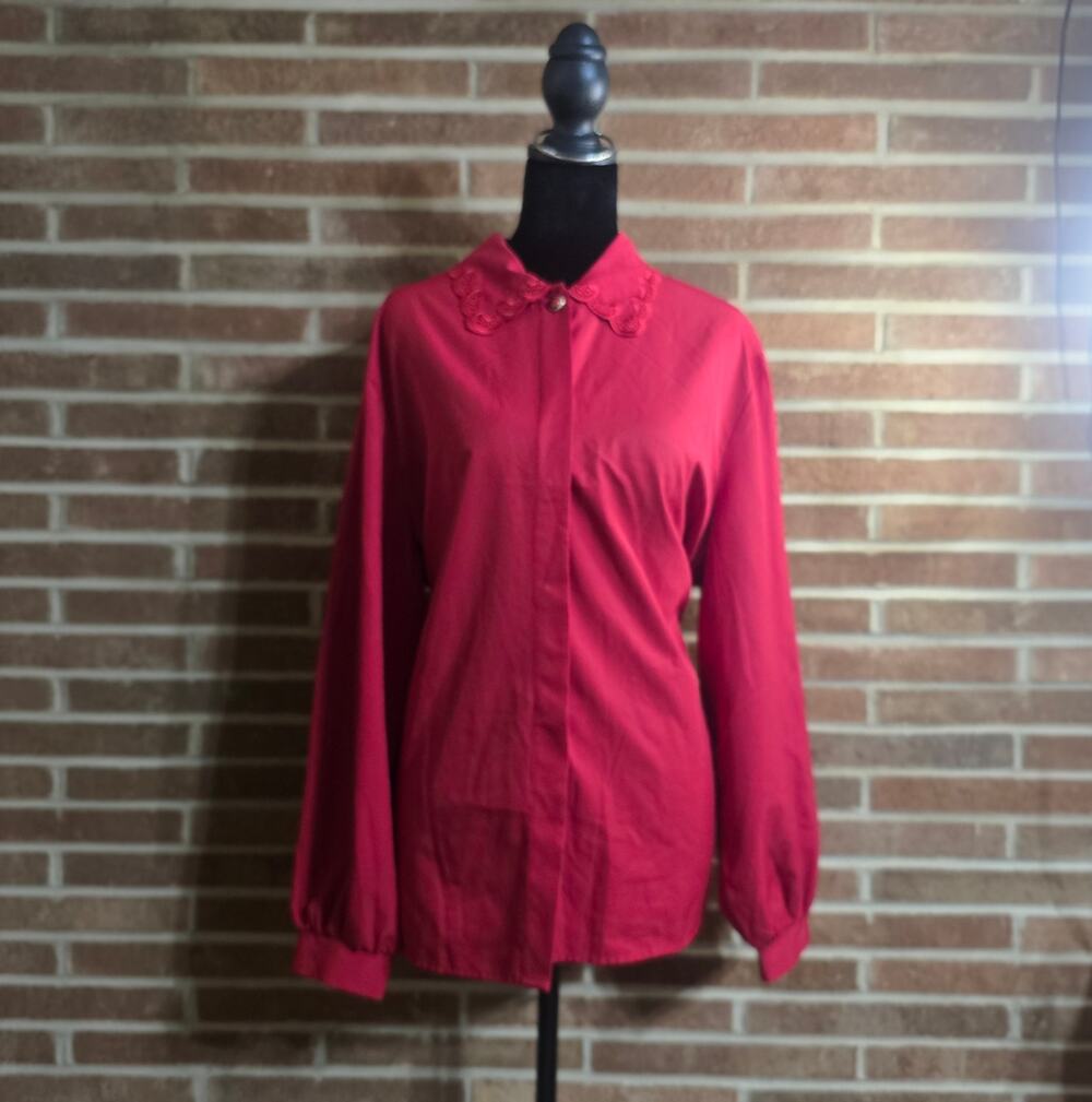Vintage Nikki Red Embroidered Collar Blouse Top  18W Balloon Sleeve Cottagecore